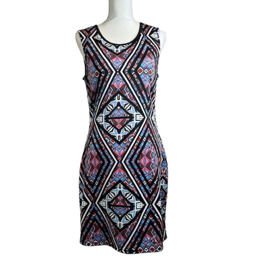 Belle Tweed Stretch Print Dress Sleeveless Black with Blue Red White Size Large